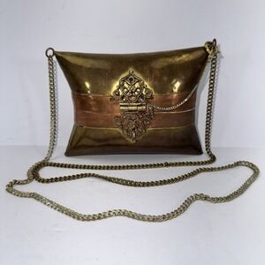 Vintage Brass Copper Hardshell Pillow Evening Mini Purse Bag Velvet Inner lining